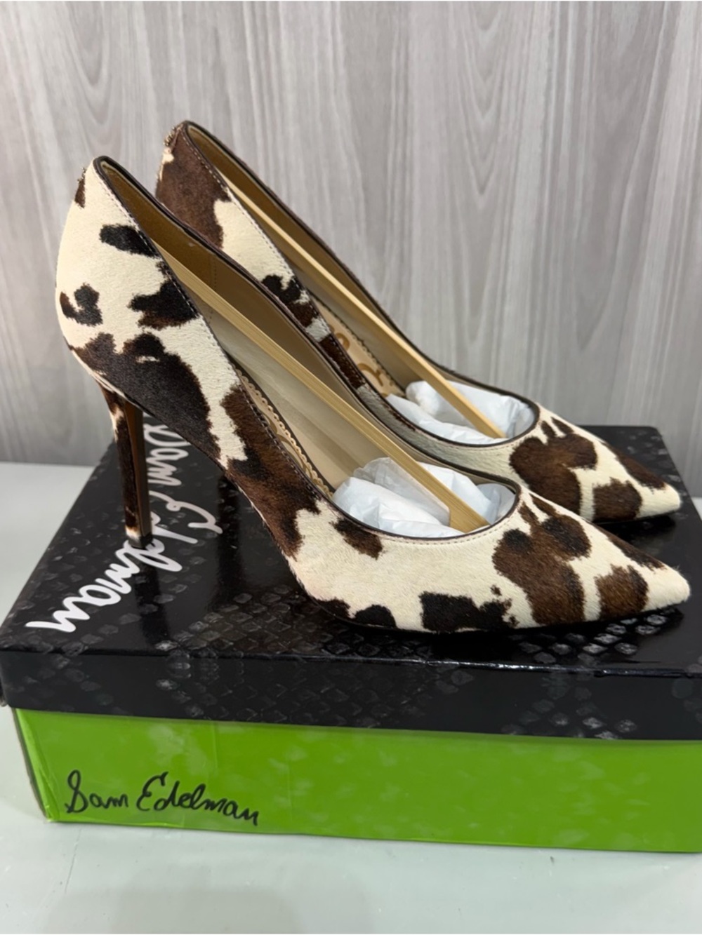 Sam Edelman Hazel Pumps Cow Hair Brown Cream Heels Animal Print Women’s Sz 7.5 - Picture 3 of 5